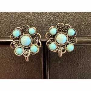 Vintage Faux Turquoise Flower Filigree Screwback Clip Earrings